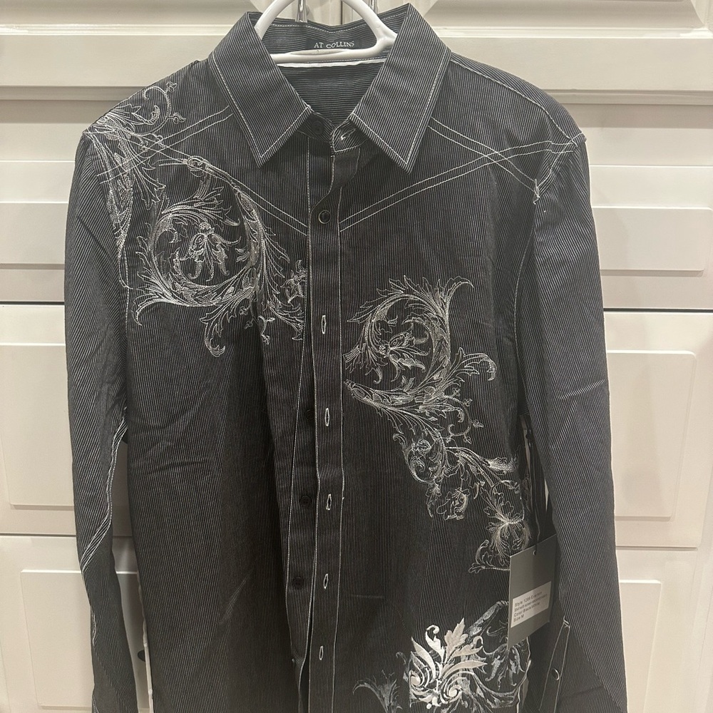 AT Collin’s 1289 Everton Shirt Black White Embroidered Western Button Down